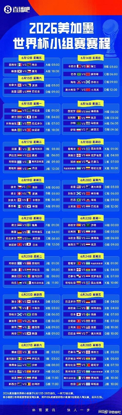 2026世界杯小组赛赛程完整版完整安排官网入口